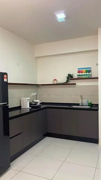 Kitchen features: black granite countertop, dark grey cabinetry, white tiled backsplash, stainless-steel fridge, built-in sink, chrome faucet, microwave, wall-mounted shelf, decorative plant, LED ceiling light, white tiled flooring; style: modern.