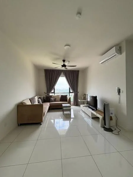 Living features: 3-seater fabric sofa in beige, coffee table, TV console, wall-mounted TV, floor-to-ceiling window, curtains, 5-blade ceiling fan, wall-mounted split AC, polished ceramic tile flooring, neutral painted walls, decorative wall panel, area rug; style: modern; view: city.