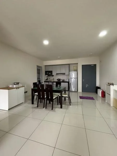 Dining features: white walls, glossy white tiled flooring, 6-seater dining table with glass top, dark wooden dining chairs, recessed ceiling lights, open layout to kitchen, kitchen cabinetry in light grey, stainless-steel fridge, kitchen counter with sink, door leading to hallway; style: modern. Kitchen features: light grey cabinetry, stainless-steel fridge, built-in oven, ceramic cooktop, white backsplash, countertop with sink, recessed lighting; style: modern.