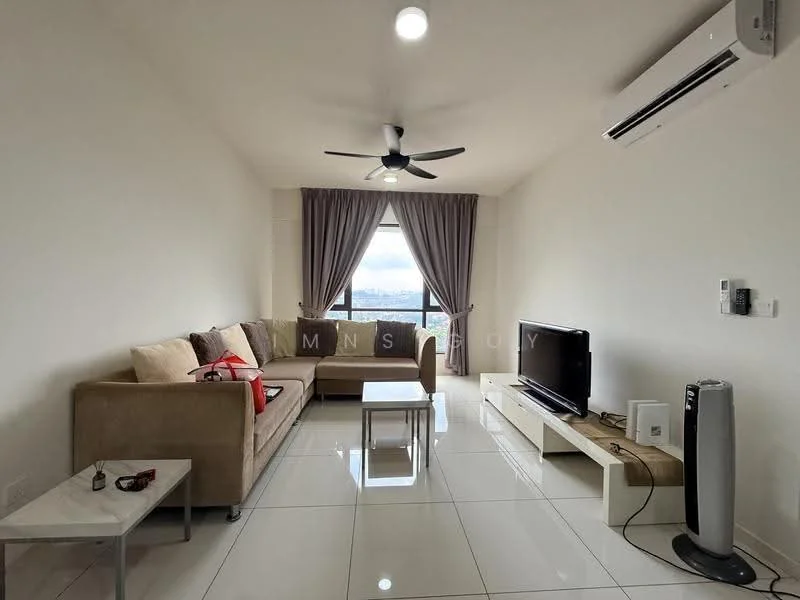 Living features: L-shape sectional sofa in beige, coffee table, wall-mounted TV, TV console in white, floor-to-ceiling window, curtains in grey, 5-blade ceiling fan with light, wall-mounted split AC, polished tile flooring, decorative wall panel, decorative items on coffee table; style: modern; view: city.