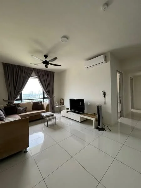 Living features: 3-seater fabric sofa in beige, coffee table, wall-mounted TV, TV console in white, floor-to-ceiling windows, sheer curtains, 5-blade ceiling fan with light, wall-mounted air conditioning unit, glossy white tile flooring, decorative wall art, light grey walls, recessed downlights; style: modern; view: city.
