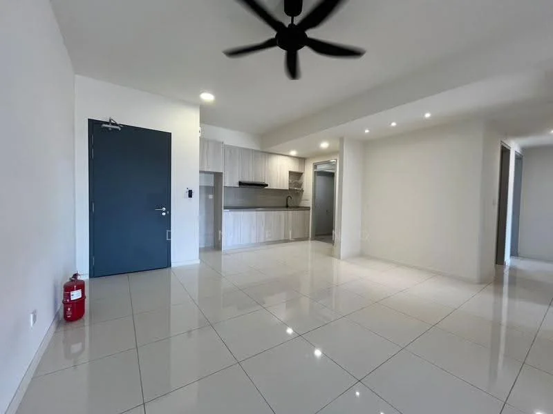 Living features: white painted walls, glossy white tile flooring, 5-blade ceiling fan with light, recessed downlights, open kitchen layout, fire extinguisher, door with security lock, kitchen cabinetry in light wood finish, countertop with sink, kitchen backsplash, open space layout; style: modern.