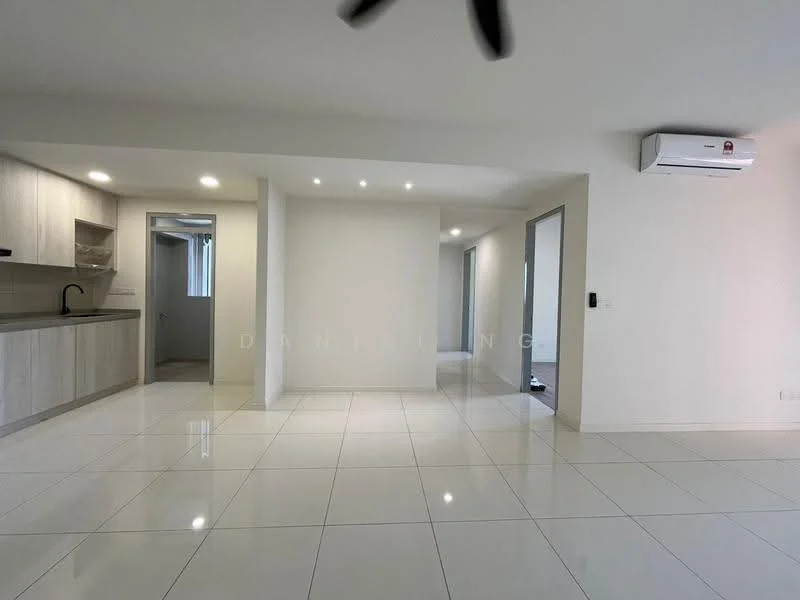 Living features: white painted walls, glossy white tile flooring, recessed downlights, wall-mounted split AC, open layout, kitchen area with cabinetry, doorway leading to another room, large windows for natural light; style: modern. Room features: white painted walls, glossy white tile flooring, doorway leading to another room.