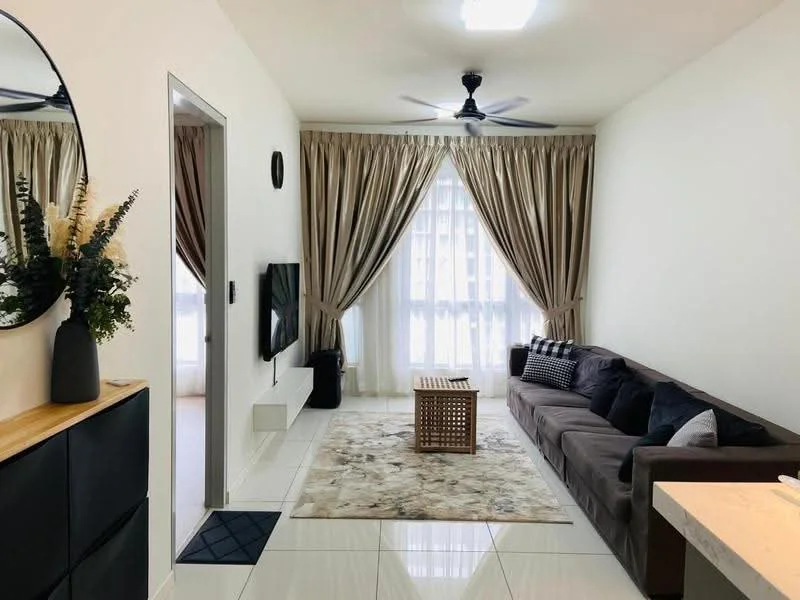 Living features: 3-seater fabric sofa in grey, coffee table, area rug with geometric pattern, wall-mounted TV, TV console, floor-to-ceiling windows, sheer curtains, blackout curtains, ceiling fan, decorative mirror, framed artwork, decorative plants in ceramic pots, light-colored walls, tile flooring; style: modern.