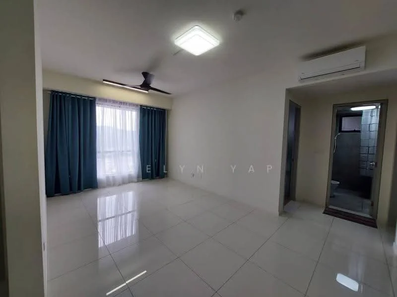 Living features: white painted walls, glossy ceramic tile flooring, 5-blade ceiling fan with light, floor-to-ceiling windows, sheer curtains, air conditioning unit, recessed ceiling lights; style: modern; view: city. Room features: glass shower enclosure, tile cladding, chrome shower head, matte-black wall-mounted faucet.