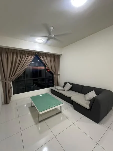 Living features: 3-seater fabric sofa in black, coffee table with glass top, floor-to-ceiling windows, curtains in beige, white painted walls, polished ceramic tile flooring, ceiling fan with light, recessed downlights; style: modern; view: city.