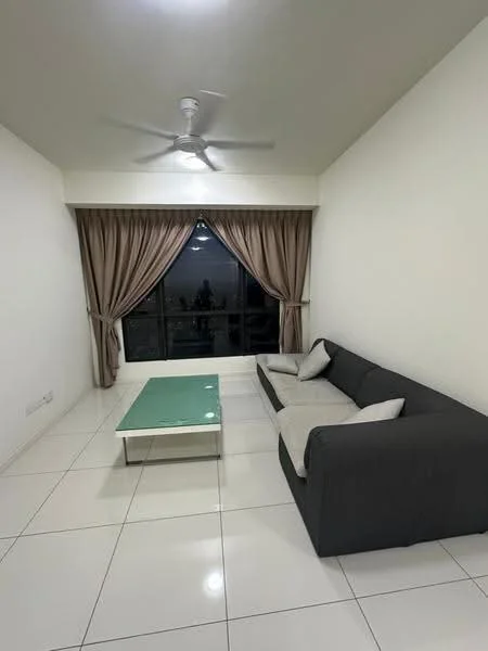 Living features: grey fabric sofa, glass coffee table, floor-to-ceiling windows, sheer curtains, drapes, white painted walls, white tiled flooring, ceiling fan with light; style: modern.