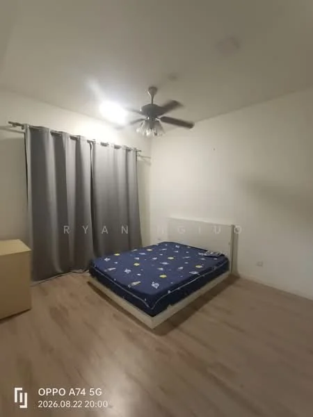 Bedroom features: queen-size bed with blue patterned bedding, wooden bed frame, 5-blade ceiling fan with light, light-colored laminate flooring, white painted walls, grey curtains, nightstand, no visible closet; style: minimalist.