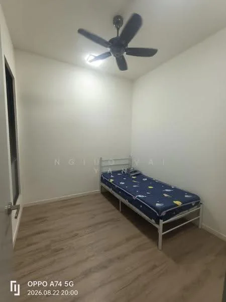 Bedroom features: single bed, blue bedding with cartoon pattern, wooden flooring, white painted walls, ceiling fan, light fixture on ceiling.
