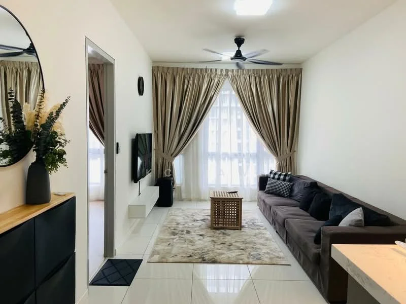 Living features: 3-seater fabric sofa in brown, coffee table with wooden top, area rug with neutral tones, wall-mounted TV, floor-to-ceiling windows, sheer curtains, blackout curtains, ceiling fan with light, decorative mirror, decorative vase with greenery, light-colored walls, glossy tile flooring; style: modern.