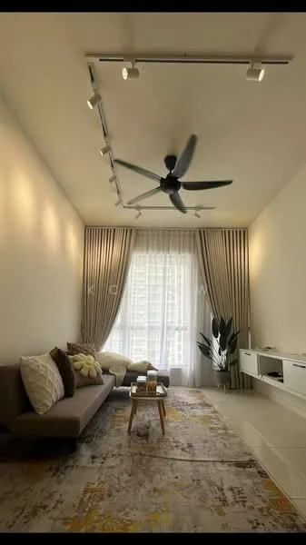 Living features: 3-seater fabric sofa in beige, decorative cushions in various colors, area rug with floral pattern, coffee table with wooden legs, floor-to-ceiling windows with sheer curtains, 5-blade ceiling fan with light, wall-mounted TV console in white, potted plant in corner, track lighting on ceiling, curtains in light grey, neutral painted walls, light-colored flooring; style: modern; view: city.