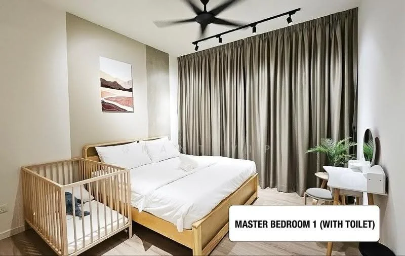 Bedroom features: king-size bed with white bedding, wooden bed frame, crib, floor-to-ceiling windows, grey curtains, wooden flooring, wall-mounted artwork, ceiling fan with light, side table with lamp, potted plant; style: modern.
