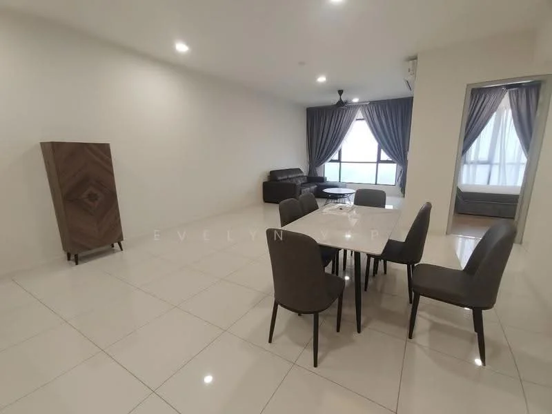 Dining features: 6-seater dining table, upholstered dining chairs, white walls, glossy tile flooring, ceiling fan, large windows with sheer curtains, decorative wall cabinet, area rug; style: modern. Living features: 3-seater fabric sofa, coffee table, large windows with sheer curtains, white walls, glossy tile flooring; style: modern.