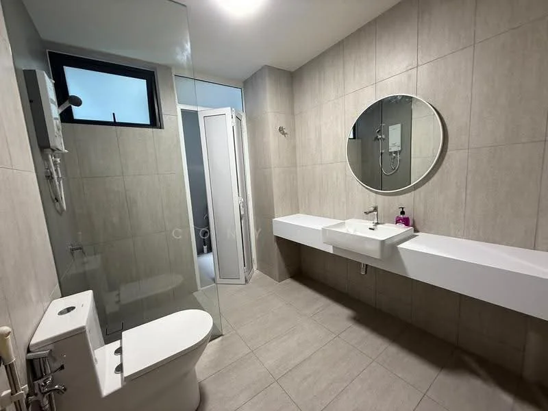 Bathroom features: grey tiled walls, light grey tiled flooring, walk-in shower with glass enclosure, chrome shower head, wall-mounted shower controls, round mirror, floating vanity with white countertop, single-basin sink, toilet, window for natural light; style: modern.
