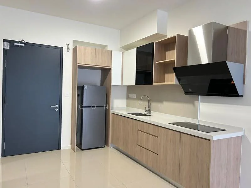 Kitchen features: white quartz countertop, wood cabinetry with light finish, black glass range hood, built-in oven, stainless-steel fridge, single-bowl stainless-steel sink, chrome pull-down faucet, ceramic tile flooring, wall-mounted cabinet, open shelving, recessed downlights, neutral painted walls; style: modern.