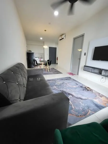 Living features: grey fabric sofa, area rug with abstract pattern, wall-mounted TV, TV console, ceiling fan, recessed lighting, white painted walls, tile flooring, dining table with chairs in background, door leading to other rooms; style: modern.
