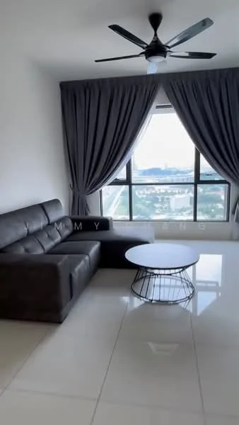 Living features: 3-seater fabric sofa in dark grey, round coffee table with wire base, floor-to-ceiling windows, grey curtains, white walls, glossy white tile flooring, ceiling fan with light, city view; style: modern; view: city.