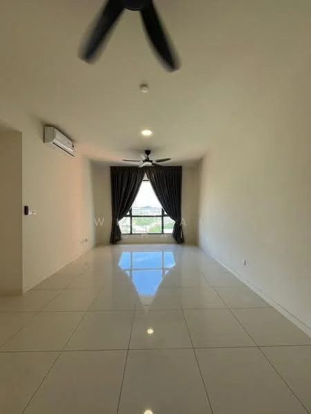 Living features: white painted walls, glossy ceramic tile flooring, 5-blade ceiling fan with light, floor-to-ceiling window, blackout curtains, air conditioning unit, natural light, view of greenery; style: modern; view: garden.