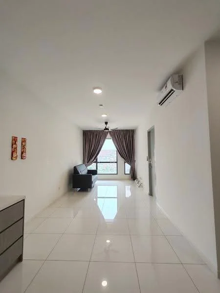 Living features: white painted walls, glossy white tile flooring, 5-blade ceiling fan with light, floor-to-ceiling window, sheer curtains, wall-mounted air conditioning unit, sofa, decorative wall art; style: modern.