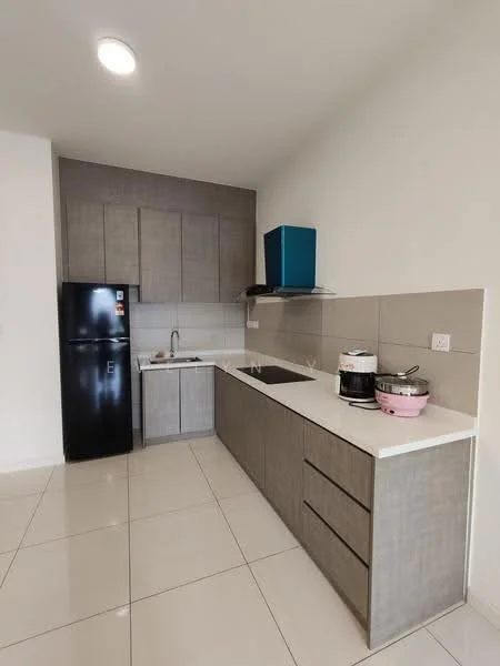 Kitchen features: grey cabinetry, white countertop, stainless-steel sink, chrome pull-down faucet, built-in stove, black refrigerator, microwave, ceramic tile flooring, recessed downlights; style: modern.
