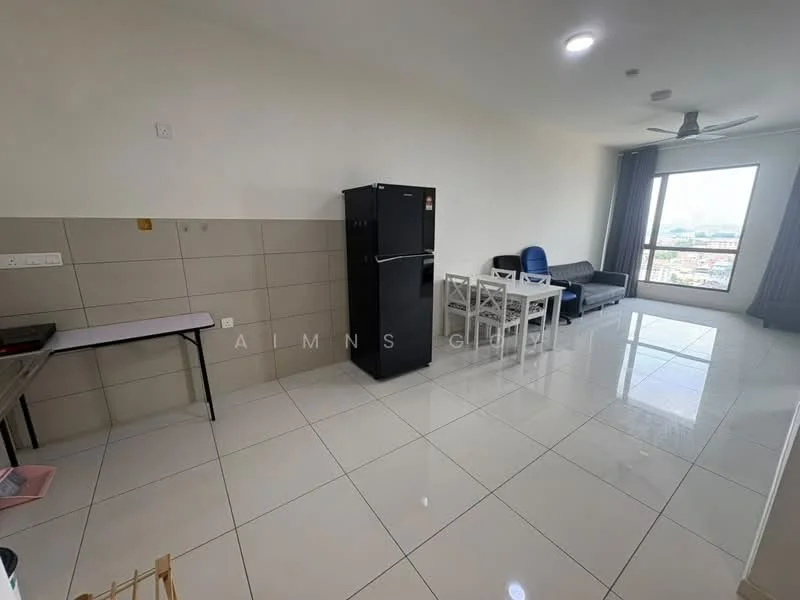 Living features: white painted walls, glossy tile flooring, 5-blade ceiling fan, large window with city view, black refrigerator, white dining table, blue upholstered chair, grey fabric sofa, curtains, light-colored wall, open layout; style: modern; view: city.
