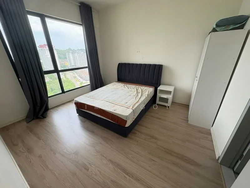 Bedroom features: queen-size bed with upholstered headboard, nightstand, floor-to-ceiling windows, grey curtains, laminate flooring, white painted walls, built-in wardrobe, city view; style: modern; view: city.