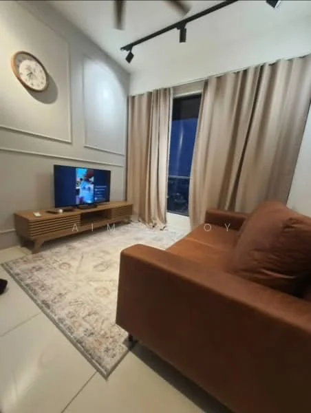 Living features: brown fabric sofa, area rug with geometric pattern, wall-mounted TV, wooden TV console, floor-to-ceiling windows, sheer curtains, recessed downlights, clock on wall, cream painted walls, tile flooring; style: modern; view: city.