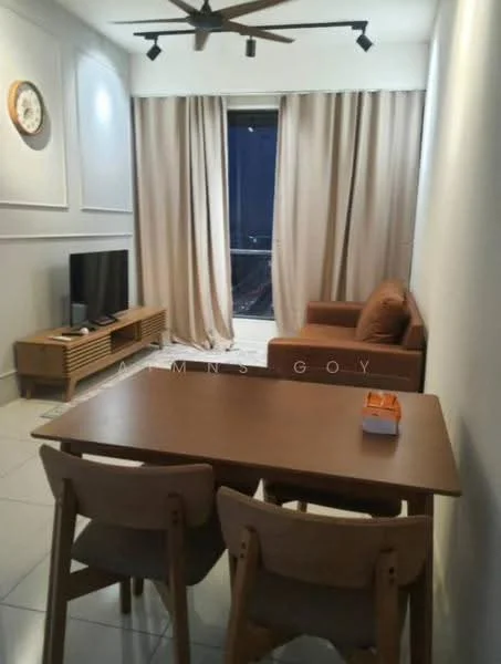 Living features: 3-seater brown fabric sofa, wooden coffee table, TV console with storage, wall-mounted TV, floor-to-ceiling windows, sheer curtains, recessed downlights, ceiling fan with light, decorative wall clock, white painted walls, tile flooring; style: modern.