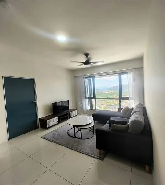 Living features: grey fabric sofa, 3-seater sofa, coffee table, TV console, wall-mounted TV, area rug, floor-to-ceiling windows, ceiling fan with light, white painted walls, tile flooring, curtains, mountain view; style: modern; view: mountain.