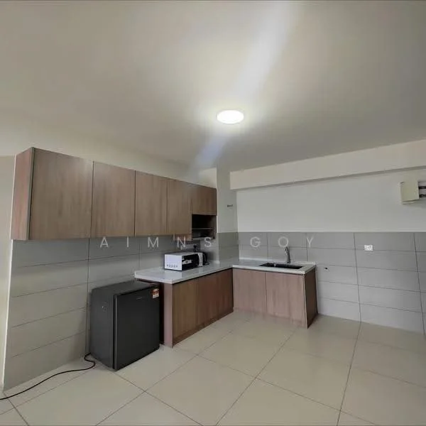 Kitchen features: brown wooden cabinetry, white countertop, stainless-steel sink, chrome pull-down faucet, built-in oven, microwave, black fridge, ceramic tile flooring, recessed downlights, wall-mounted split AC; style: modern.