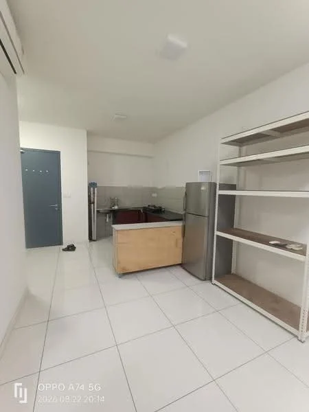 Kitchen features: white painted walls, glossy white tile flooring, single-bowl stainless-steel sink, chrome pull-down faucet, built-in kitchen cabinetry, freestanding fridge, open shelving unit, countertop, wall-mounted split AC; style: modern.