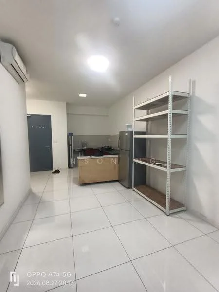 Kitchen features: white painted walls, glossy white tile flooring, 1 wall-mounted split AC, stainless-steel fridge, wooden countertop, metal shelving unit, single-bowl stainless-steel sink, built-in cabinetry, recessed ceiling lights; style: modern.