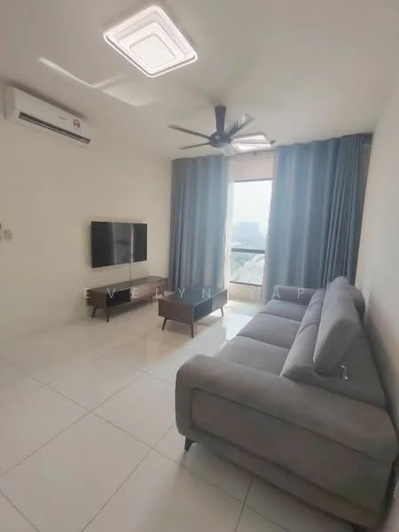 Living features: grey fabric sectional sofa, wall-mounted flat-screen TV, wooden TV console, white painted walls, white ceiling, recessed ceiling lights, 5-blade ceiling fan, sliding glass door, floor-to-ceiling curtains, glossy white tile flooring, city view from window; style: modern; view: city.