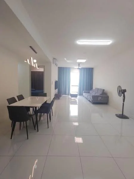 Living features: white painted walls, glossy tile flooring, 5-blade ceiling fan with light, sofa in grey, dining table with 6 black chairs, floor-to-ceiling windows, curtains in dark blue, wall-mounted TV, decorative wall mirror; style: modern; view: city.