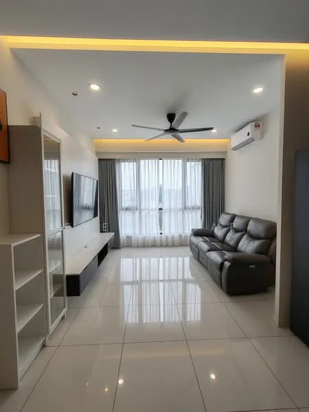 Living features: grey leather sofa, wall-mounted TV, white TV console, white shelving unit, floor-to-ceiling windows, sheer curtains, recessed LED downlights, 5-blade ceiling fan with light, glossy white tile flooring, air conditioning unit; style: modern; view: city.