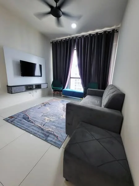 Living features: grey fabric 3-seater sofa, grey fabric armchair, area rug with world map design, wall-mounted TV, floating media console, floor-to-ceiling windows, blackout curtains, ceiling fan with light, decorative throw pillows, green accent chairs; style: modern; view: city.