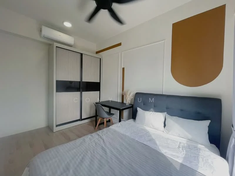 Bedroom features: king-size bed with white bedding, upholstered headboard in dark grey, built-in wardrobe with sliding doors, wooden flooring, ceiling fan, wall-mounted air conditioning unit, study desk with chair, decorative wall with brown accent, natural light from window; style: modern.