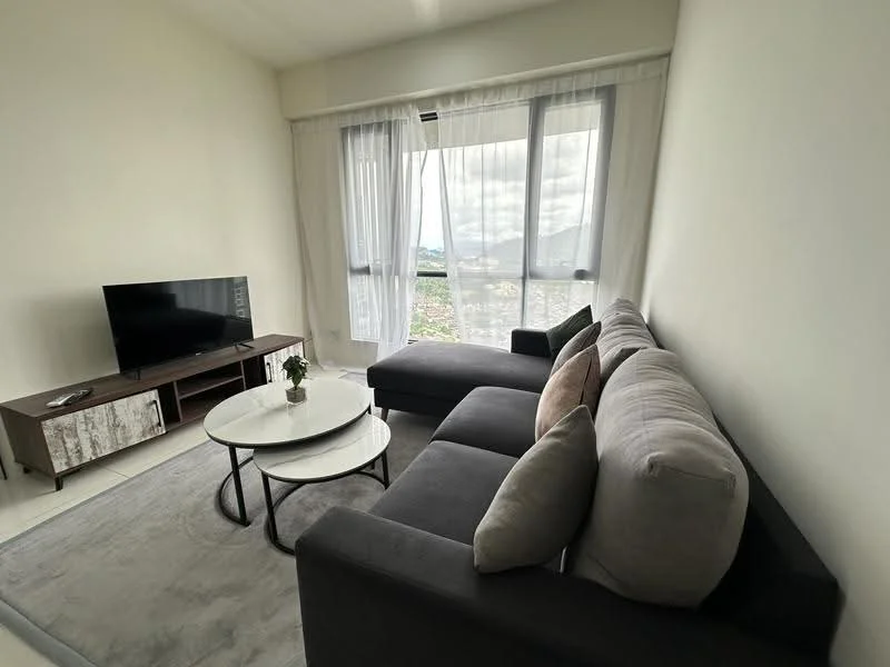 Living features: L-shape sectional sofa in grey, coffee table with round glass top, TV console with storage, wall-mounted TV, floor-to-ceiling windows, sheer curtains, light-colored walls, area rug with neutral tone, decorative plant on coffee table; style: modern; view: mountain.