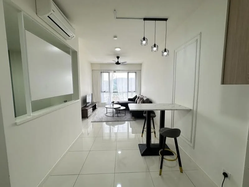 Living features: white painted walls, glossy ceramic tile flooring, 5-blade ceiling fan with light, floor-to-ceiling windows, sheer curtains, sofa in grey fabric, coffee table, TV console, wall-mounted TV, area rug, decorative wall paneling, pendant lighting over dining table, open layout, view of city skyline; style: modern; view: city. Dining features: bar-height dining table, two stools, pendant lights above table; style: modern.