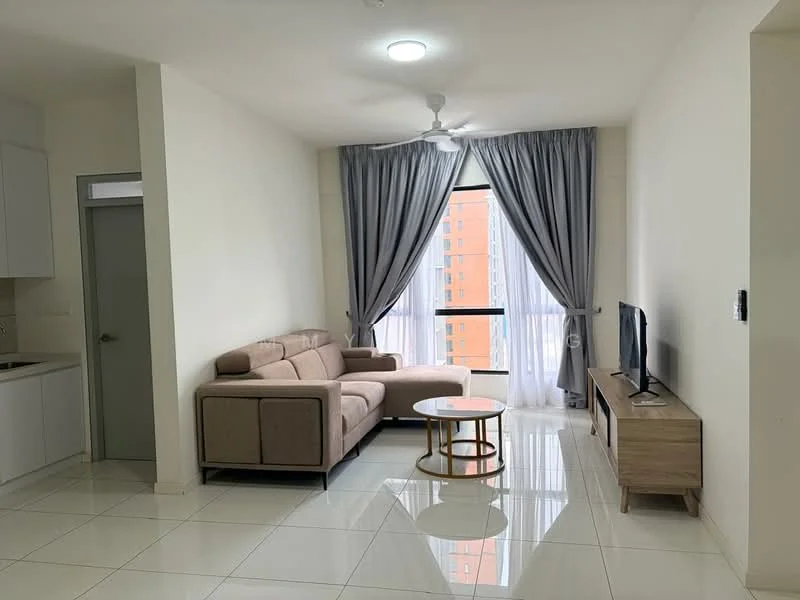 Living features: 3-seater fabric sofa in beige, round coffee table, TV console, wall-mounted TV, floor-to-ceiling windows, sheer curtains, recessed downlights, white painted walls, glossy tile flooring, ceiling fan; style: modern; view: city. Kitchen features: white cabinetry, stainless-steel sink, built-in oven, freestanding range oven, microwave; style: modern.