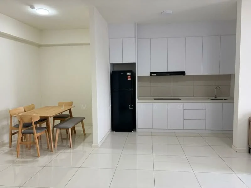 Kitchen features: white cabinetry, black fridge, built-in oven, stainless-steel sink, chrome pull-down faucet, white tiled backsplash, light-colored countertops, ceramic tile flooring, recessed downlights; style: modern. Dining features: 4-seater dining table, wooden dining chairs, grey upholstered bench, ceramic tile flooring; style: modern.