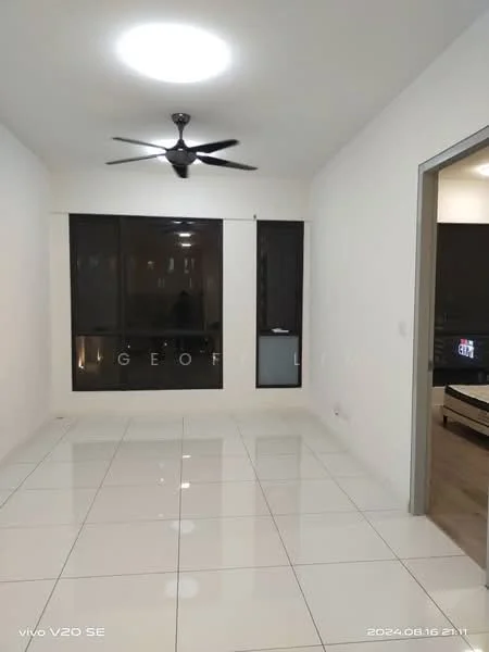 Living features: white painted walls, glossy white tile flooring, 5-blade ceiling fan with light, floor-to-ceiling windows, black window frames, neutral decor, LED ceiling light, open layout; style: modern.