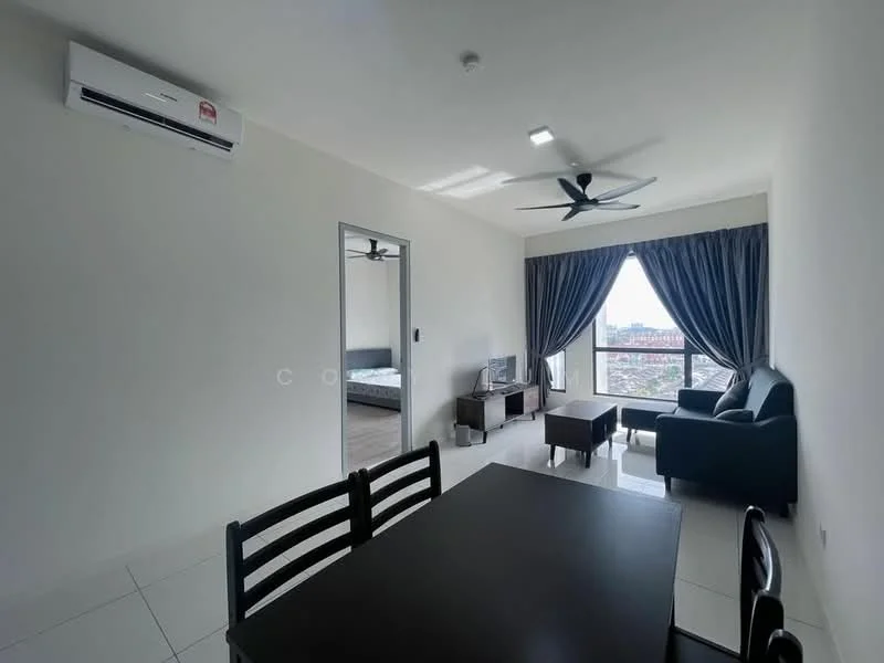 Living features: floor-to-ceiling windows, grey curtains, 3-blade ceiling fan, sofa in dark blue, coffee table, wall-mounted split AC, white painted walls, glossy tile flooring, decorative wall art, area rug, side table; style: modern; view: city. Dining features: 4-seater dining table, black dining chairs, white painted walls, glossy tile flooring; style: modern. Bedroom features: queen-size bed, grey bedding, wooden flooring, built-in wardrobe, white painted walls; style: modern.