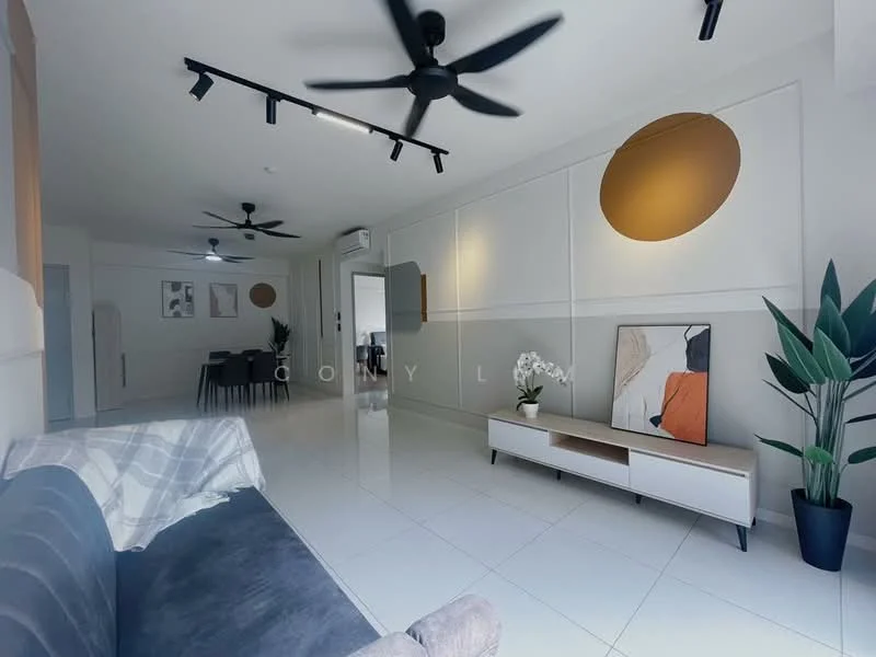 Living features: grey fabric sofa, white coffee table, decorative artwork on wall, potted plant, white tiled flooring, recessed LED downlights, 2 ceiling fans, wall-mounted TV console, neutral wall color with accent circle; style: modern.