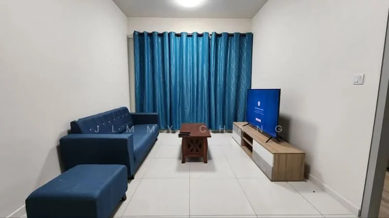 Living features: blue fabric 3-seater sofa, wooden coffee table, wall-mounted TV, light-colored TV console, white painted walls, light tile flooring, blue curtain drapes, ceiling light fixture; style: modern.