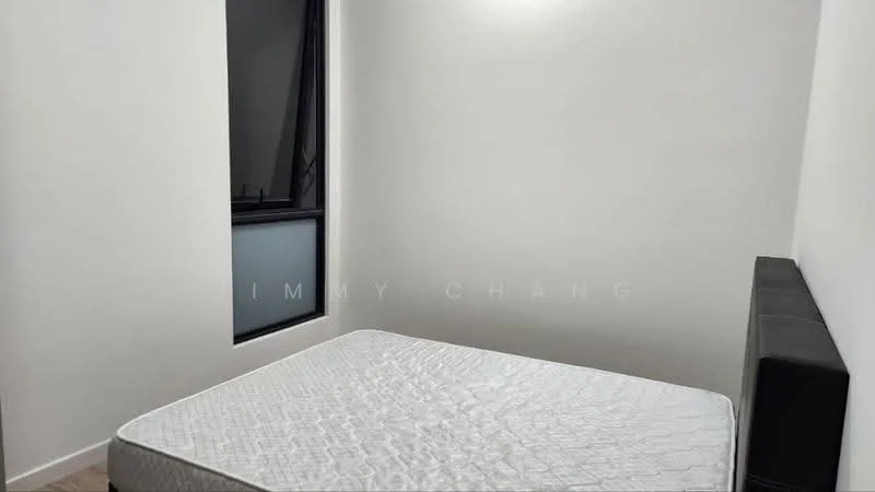 Bedroom features: white painted walls, wooden flooring, single bed mattress, black upholstered headboard, floor-to-ceiling window, natural light, minimalist decor; style: modern.