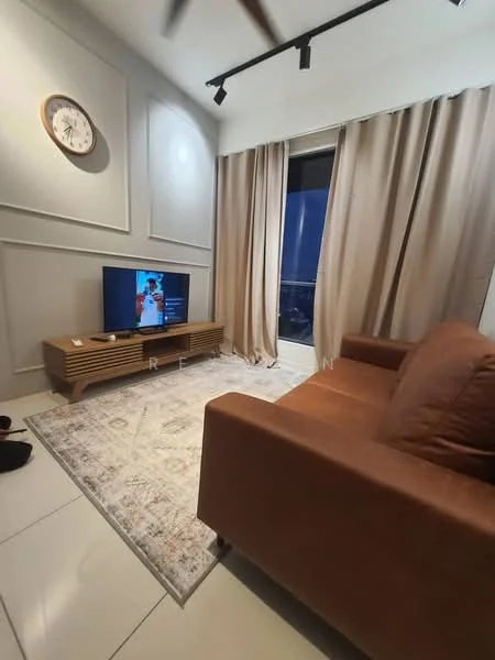 Living features: brown leather sofa, wooden TV console, wall-mounted TV, area rug with geometric pattern, floor-to-ceiling window, sheer curtains, recessed downlights, clock on wall, cream painted walls, tile flooring; style: modern; view: city.