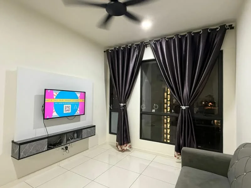Living features: white painted walls, glossy white tile flooring, 5-blade ceiling fan, wall-mounted TV, floating TV console with marble finish, blackout curtains, floor-to-ceiling windows, city view; style: modern; view: city.