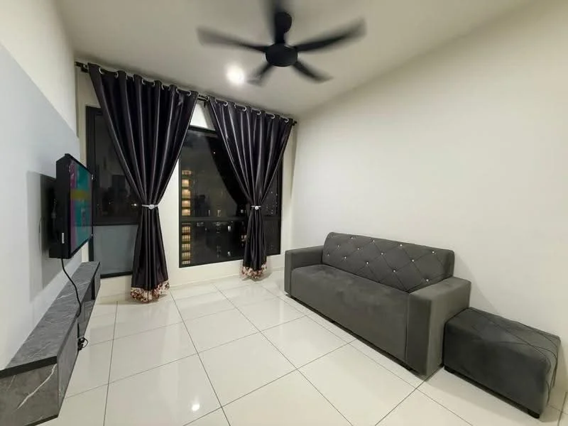 Living features: grey fabric sofa, black accent chair, wall-mounted TV, white painted walls, black curtains, white ceiling, ceiling fan, glossy white tile flooring, decorative wall panel, floor-to-ceiling windows; style: modern; view: city.