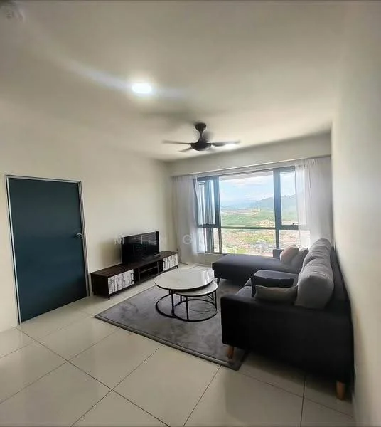 Living features: 3-seater fabric sofa in grey, coffee table, TV console, wall-mounted TV, area rug, floor-to-ceiling windows, curtains, ceiling fan with light, light-colored walls, tile flooring; style: modern; view: mountain.